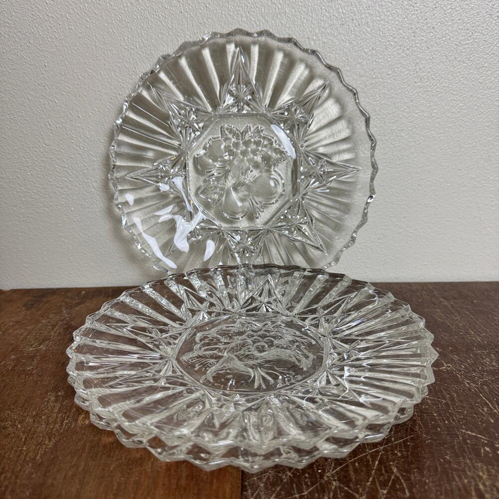 Federal Glass Set of 3 Clear Glass Etched Pioneer Fruit Harvest 8" Dinner Plates